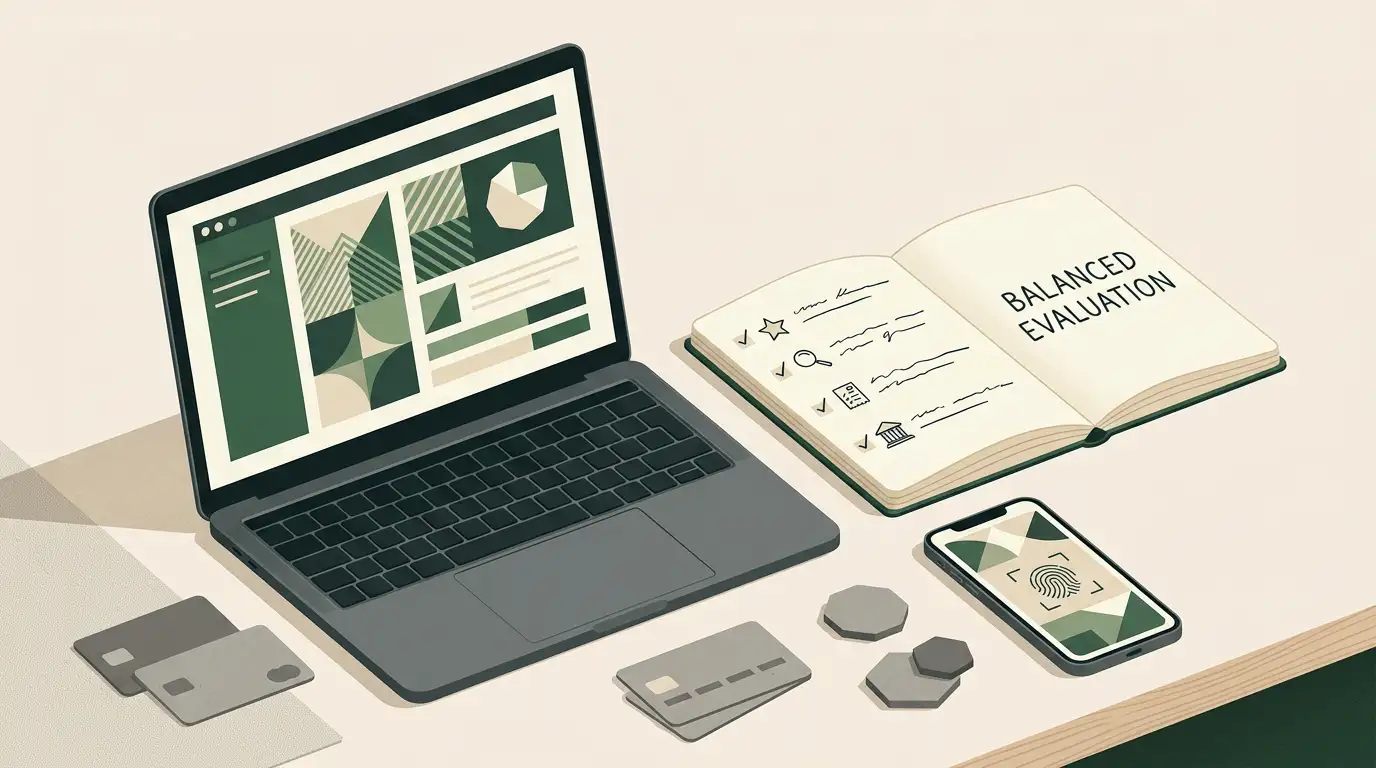 Editorial illustration of an online casino review with game, payment and mobile-device motifs